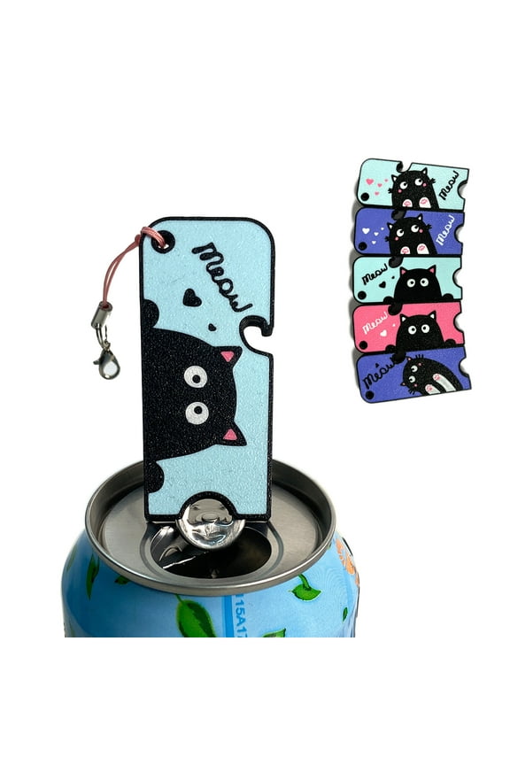 2 in 1 Easy Can Tab Opener Soda Can Opener with Keychain Strap Help for Long Nails,Kids,Sore Hands,Arthritis Cat Face Blue
