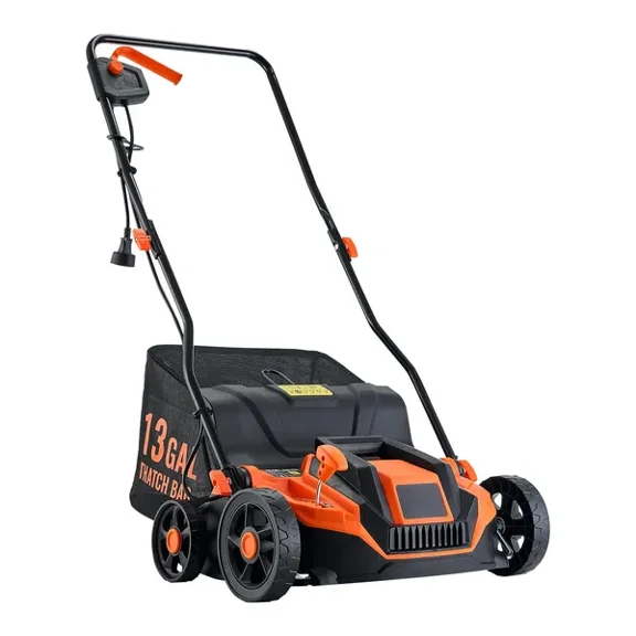 2-in-1 Electric Dethatcher and Scarifier, 13-Inch 13 Amp, Corded Lawn Dethatcher with 13-Gallon Thatch Collection Bag, 5-Position Depth Adjustment, Walk Behind Machine for Garden Yard Grass