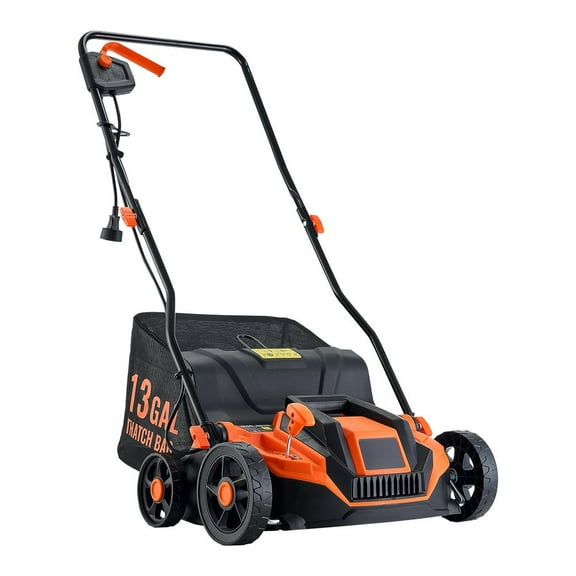2-in-1 Electric Dethatcher and Scarifier, 13-Inch 13 Amp, Corded Lawn Dethatcher with 13-Gallon Thatch Collection Bag, 5-Position Depth Adjustment, Walk Behind Machine for Garden Yard Grass
