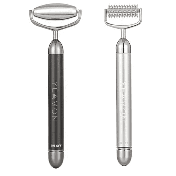 2-in-1 Electric Facial Roller Massager, Hot & Cold Terahertz Stone Face Roller for Puffiness, Wrinkles, and Skin Tightening, Vibrating Eye and Face Massage Tool (Silver)