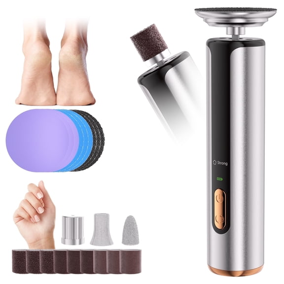 2-in-1 Electric Foot Callus Remover, USB Rechargeable with 3 Modes, 3 Size Sanding Discs & Cylinder, Battery Display, Cordless Aluminum Foot/Nail/Dead Skin Tool, Silver.