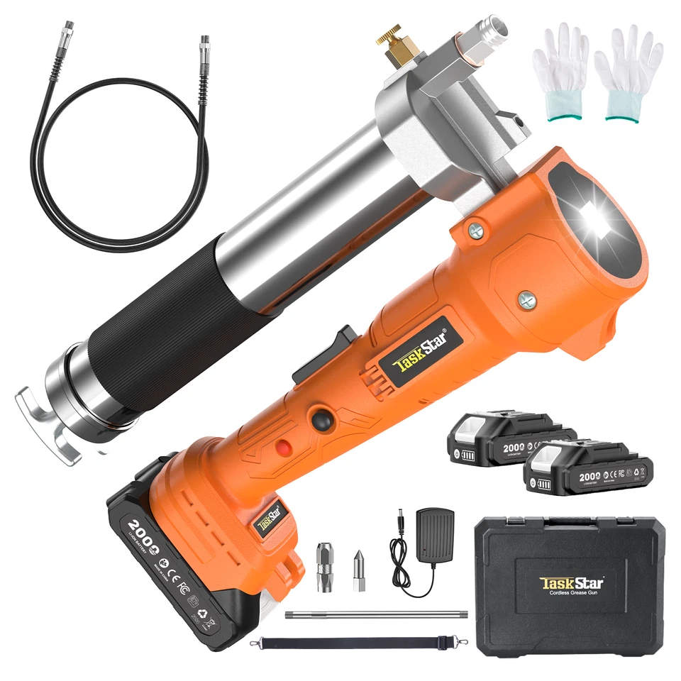 10000PSI Electric Grease Gun TaskStar Cordless Grease Gun Battery Powered with 2*2.0Ah Batteries & Charger, 39.4" Hose, for Farm, Workshop & Heavy Machinery Maintenance