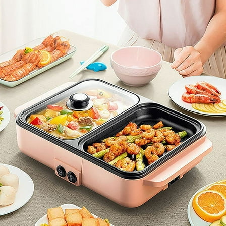 2-in-1 Electric Grill with Hot Pot 1200W 110V, Portable Electric Hot Pot Barbecue Grill Non-Stick Teppanyaki Pan Indoor Multifunctional Hot Pot Split-Design Baking Tray (Pink)