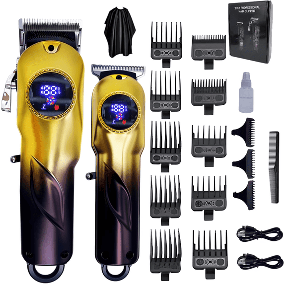LARGNER Professional Hair Clippers for Men, 2-in-1 Cordless Barber Clipper & Beard Trimmer Set with Smart LCD & Turbo Motor, Purple & Gold