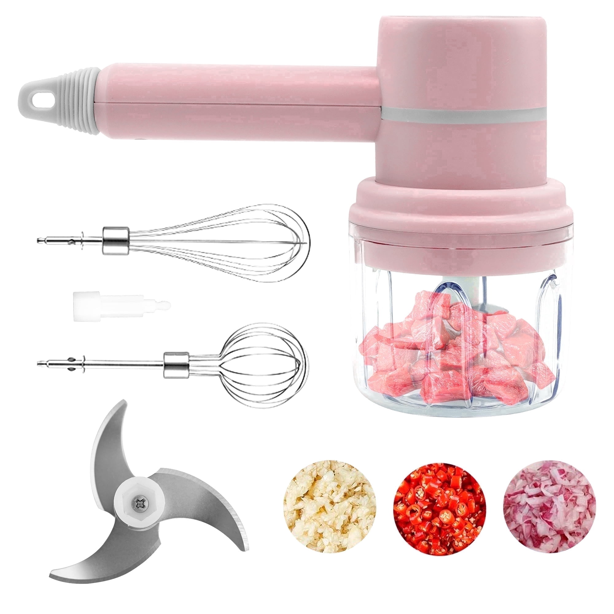 Xylobyte 2-in-1 Electric Hand Mixer, Electric Whisk, Mini Onion Chopper 10Oz, Small Cordless Hand Blender, 3 Speed Rechargeable Food Processor for Baby Food Maker, Pink