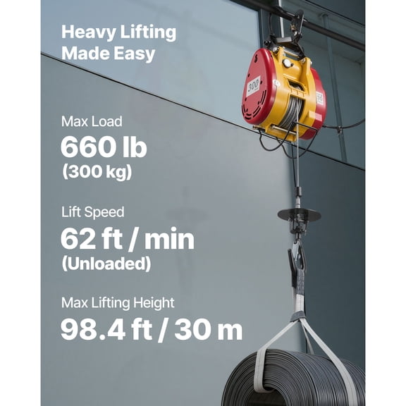 2-in-1 Electric Hoist W",660 lbs Capacity,1500W Portable Power W"Crane,98.4 ft Lifting Height,62 ft/min with Wired&Wireless Remote Control for Factory,Warehouss,Garage