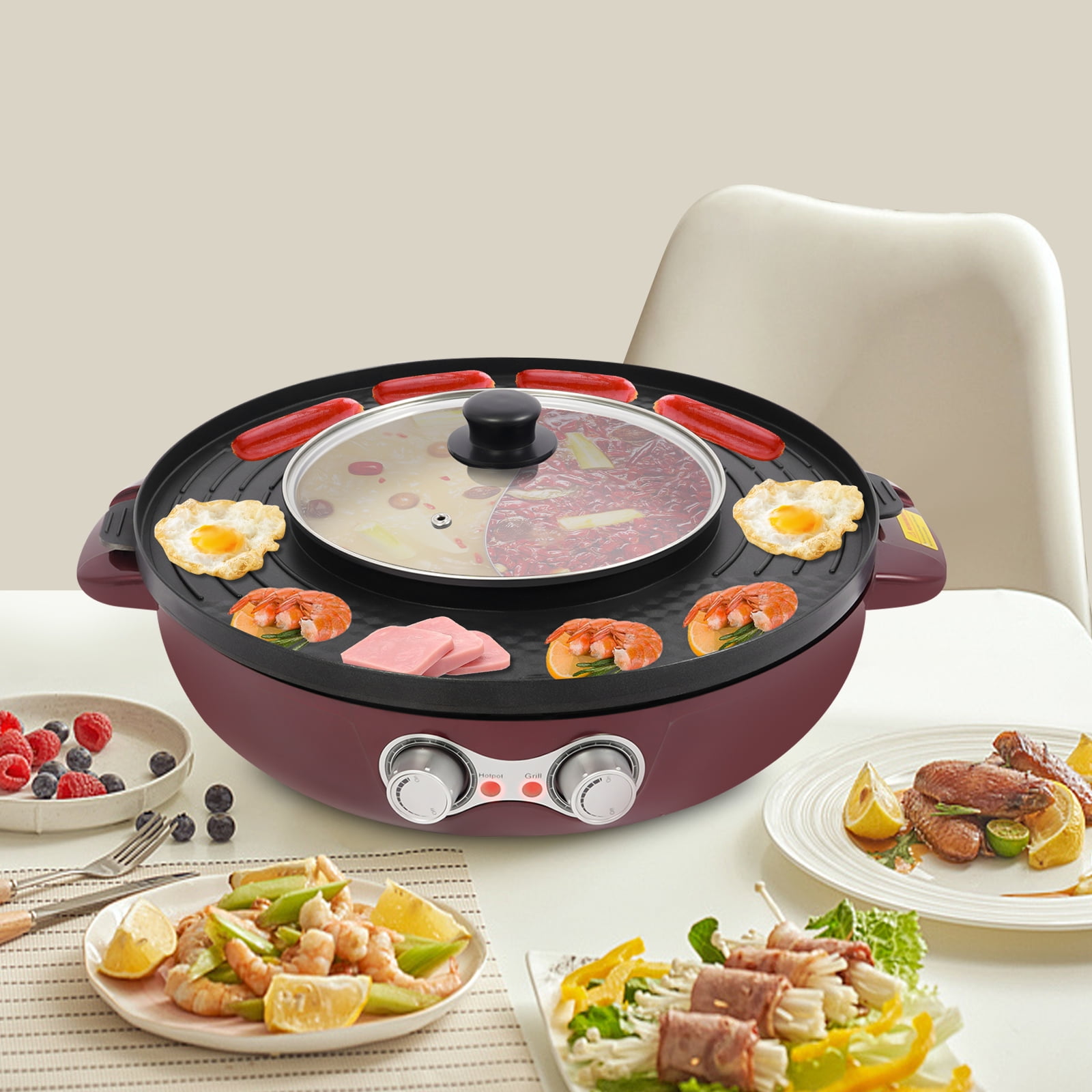 2-in-1 Electric Hot Pot & BBQ Grill with Independent Temperature ...