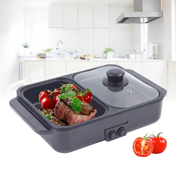 2-in-1 Electric Hot Pot with Grill&Clear Lid, Dual Temperature Control, Portable 600W+600W Non-Stick Pan for Boiling & Frying 110V