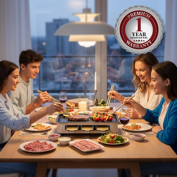 2-in-1 Electric Indoor Grill, 1500W Smokeless Korean BBQ Griddle with Non-Stick Removable Cooking Plate, 3 Raclette Cheese Pans, Adjustable Temperature Control, Dishwasher Safe, Beige BQR1502B