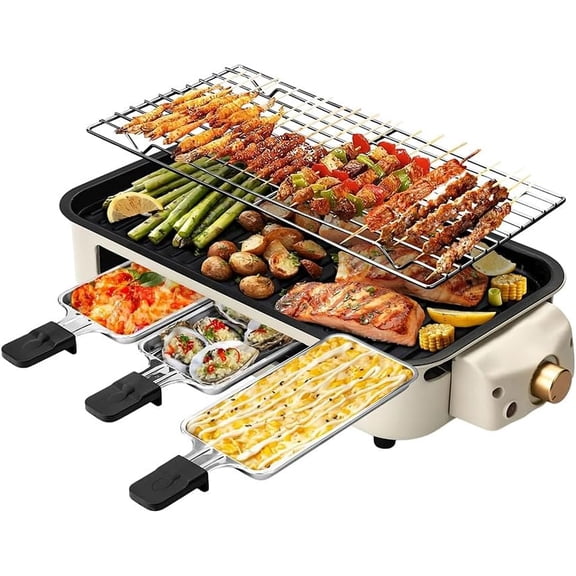 2-in-1 Electric Indoor Grill, 1500W Smokeless Korean BBQ Griddle with Non-Stick Removable Cooking Plate, 3 Raclette Cheese Pans, Adjustable Temperature Control, Dishwasher Safe, Beige BQR1502B