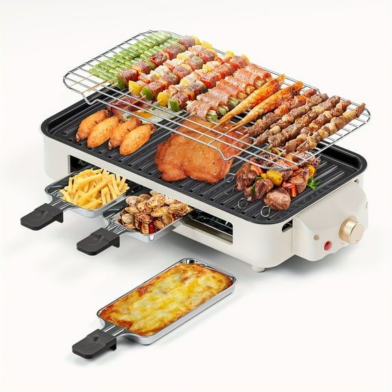 2-in-1 Electric Indoor/Outdoor Grill (1500W): 3 Hand Dishes, Detachable Grill Mesh/Non-Stick Plate, Temp Control, Dishwasher Safe (Non-Smoking) - Ideal Holiday Gift