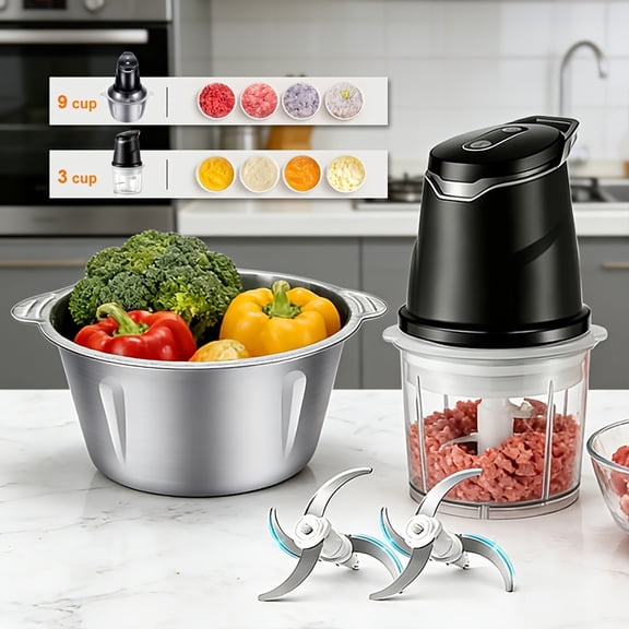 2-in-1 Electric Kitchen Processor, Meat Grinder & Vegetable Chopper Grain Blender, High Power Motor with Large & Small Bowl, Double-Layer Blades