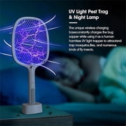 2-in-1 Electric Mosquito Swatter Racket, USB Rechargeable Bug Zapper Fly Killer with LED Light, Handheld + Desktop Stand Mode, 3-Layer Safety Mesh for Indoor Outdoor Camping