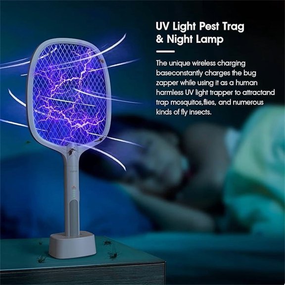2-in-1 Electric Mosquito Swatter Racket, USB Rechargeable Bug Zapper Fly Killer with LED Light, Handheld + Desktop Stand Mode, 3-Layer Safety Mesh for Indoor Outdoor Camping