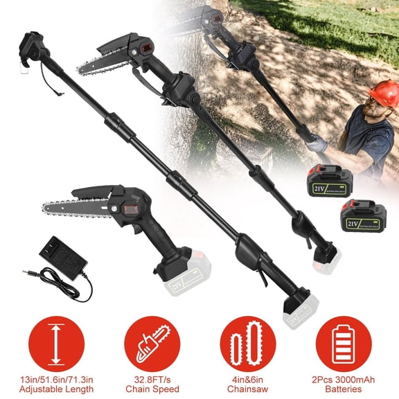 2-in-1 Electric Pole Saws for Tree Trimming, 6 Inch Mini Chainsaw Cordless with Extension Pole, Battery Powered Pole Chain Saw, Tree Trimmer Limb Branch Cutter Pruner with 2 Battery