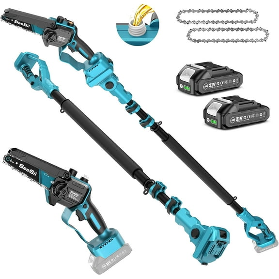 2-in-1 Electric Pole Saws for Tree Trimming, 6 Inch Mini Chainsaw Cordless with Extension Pole, Battery Powered Pole Chain Saw, Tree Trimmer Limb Branch Cutter Pruner with 2 Battery PS600