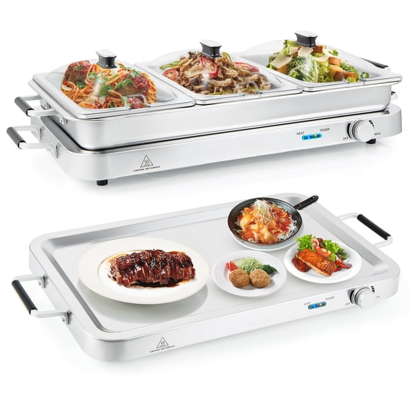 2 in 1 Electric Warming Tray Food Warmer with Temperature Control for Buffet and Party Serving