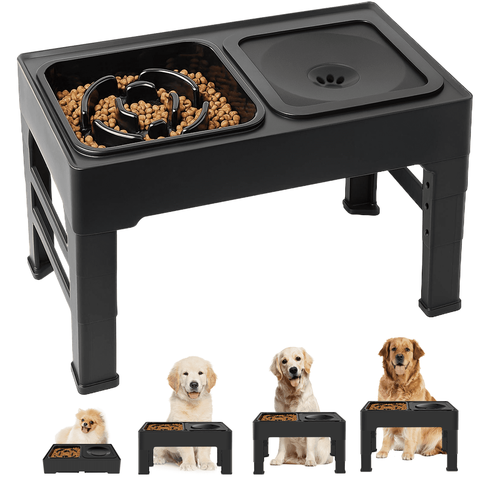 2-in-1 Elevated Slow Feeder Dog Bowls, 4 Height Adjustable Raised Dog Bowls Stand with No Spill Water Bowl, Non-Skid Pet Food Feeding Set for Small, Medium, Large Dogs Cats