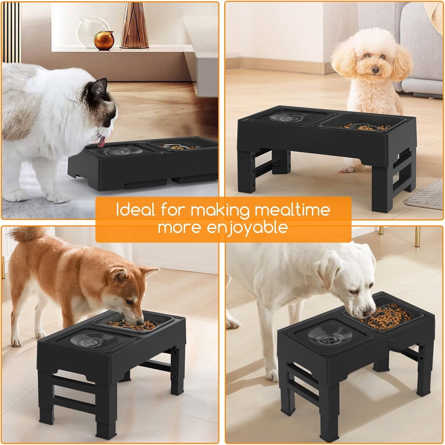 2-in-1 Elevated Slow Feeder Dog Bowls with No-Spill Water Bowl, 4 Height-Adjustable Raised Dog Bowls, Non-Slip Food and Water Bowls with Stand for Small, Medium, Large Dogs, Cats and Pets