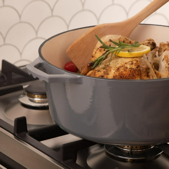2-in-1 Enamel Cast Iron Dutch Oven with Skillet Lid - 7 Quart Grey Cookware for Casserole, Stew & Braising