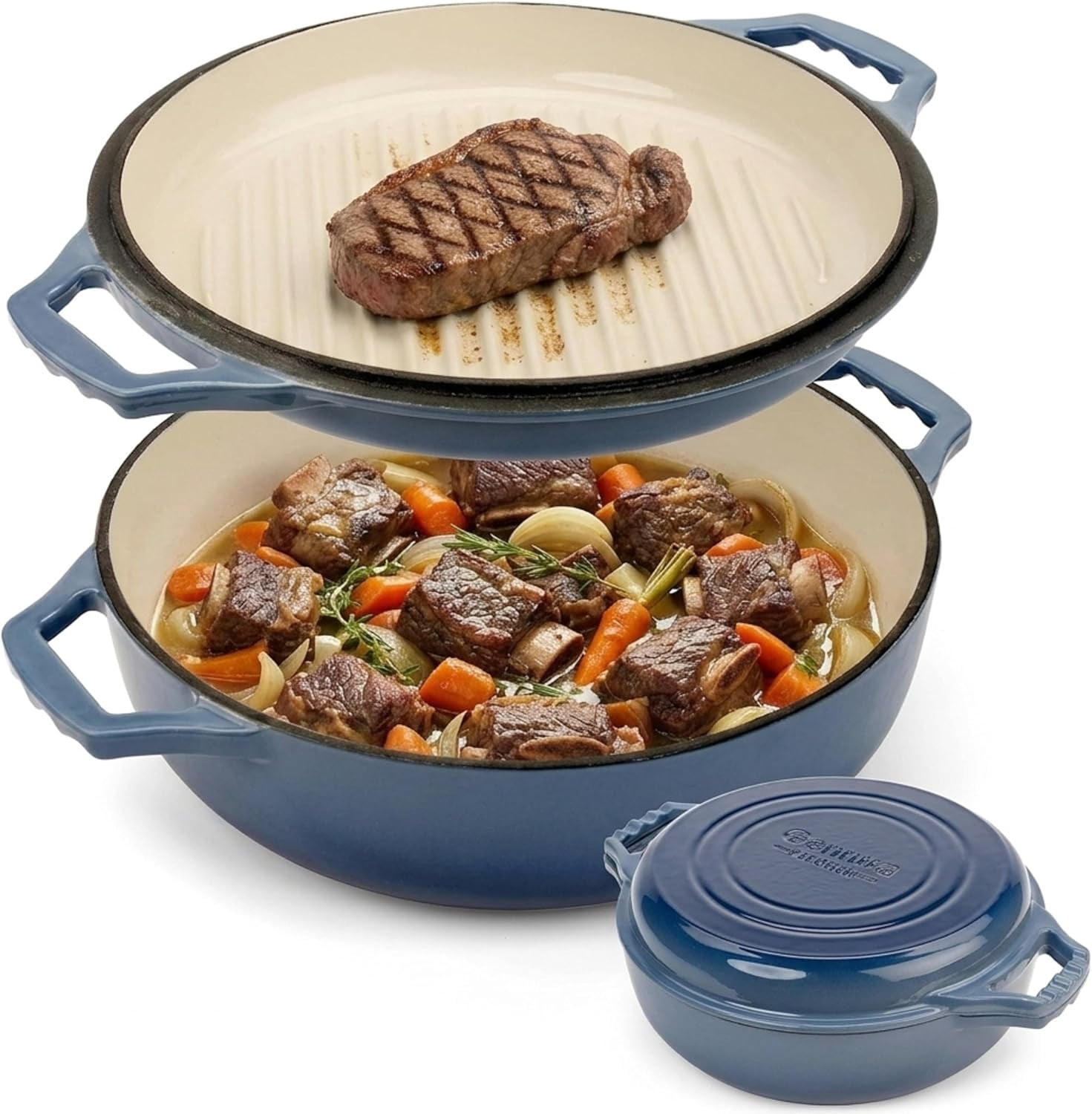 2-in-1 Enameled Cast Iron Braiser Pan with Grill Lid - 3.3-Quart Small ...