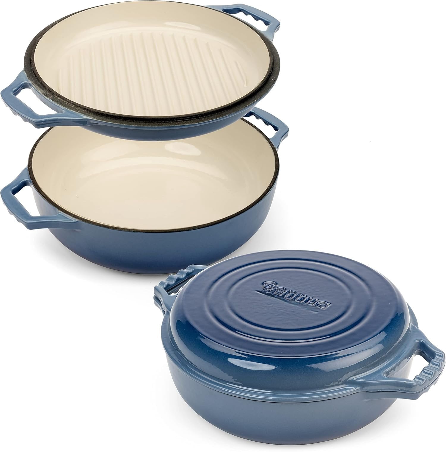 2-in-1 Enameled Cast Iron Braiser Pan with Grill Lid - 3.3-Quart Small ...