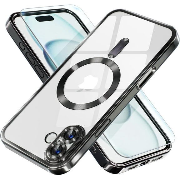 2-in-1 Entronix Bundle with Shockproof Transparent Case and 1 Tempered Glass Screen Protector For iPhone 16 Plus, Slim Fit [Yellow Resistant] Magnetic Clear Cover, Black