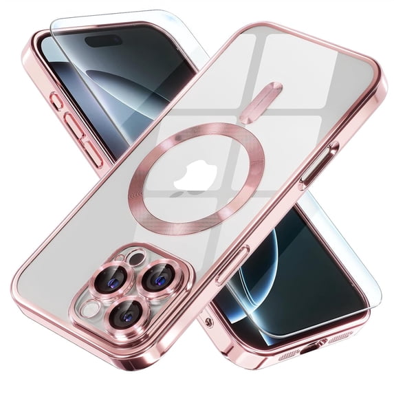 Entronix 2-in-1 Magnetic Shiny Clear Case Compatible with iPhone 16 Pro Max with Screen Protector, Rose