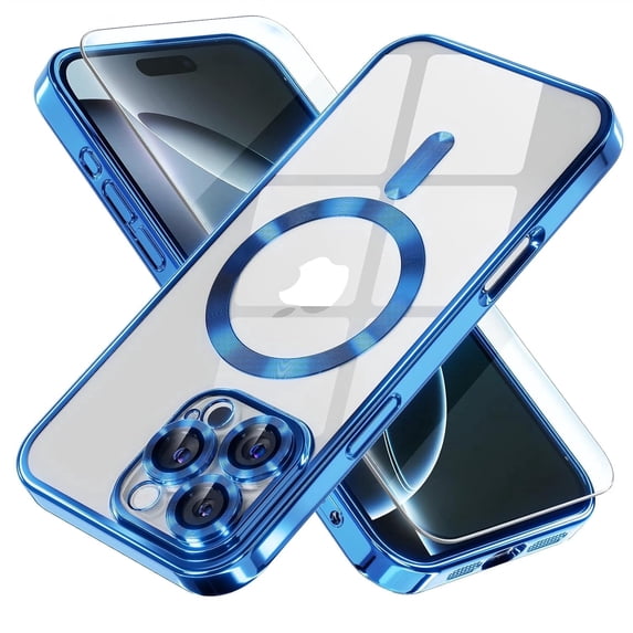 Entronix 2-in-1 Magnetic Shiny Clear Case Compatible with iPhone 16 Pro Max with Screen Protector, Navy Blue
