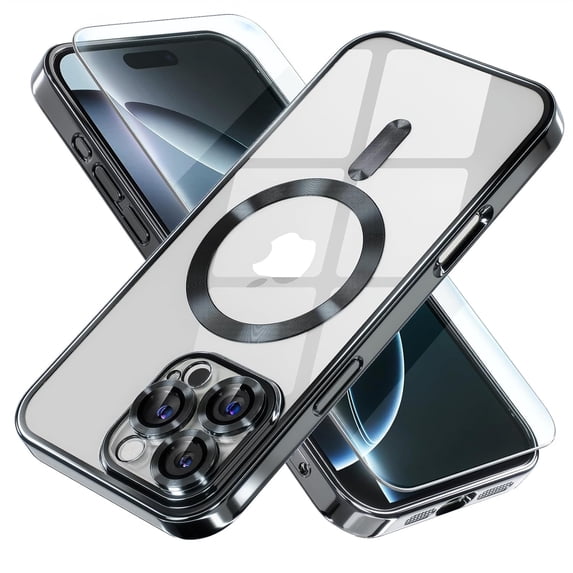 Entronix 2-in-1 Magnetic Shiny Clear Case Compatible with iPhone 16 Pro with Screen Protector, Black