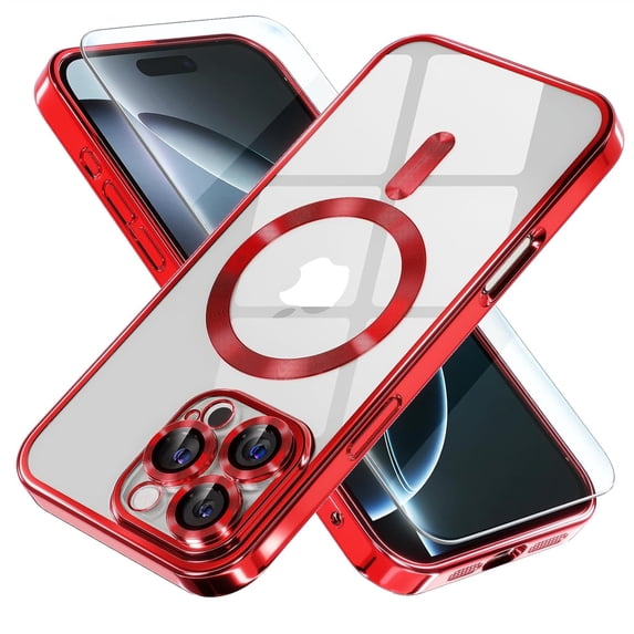 Entronix 2-in-1 Magnetic Shiny Clear Case Compatible with iPhone 16 Pro with Screen Protector, Red