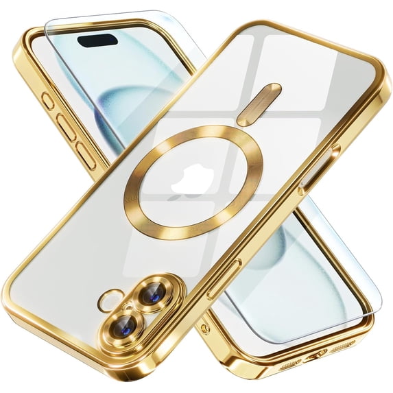 Entronix 2-in-1 Magnetic Shiny Clear Case Compatible with iPhone 16 with Screen Protector, Gold