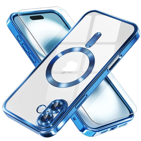 Entronix 2-in-1 Magnetic Shiny Clear Case Compatible with iPhone 16 with Screen Protector, Navy Blue