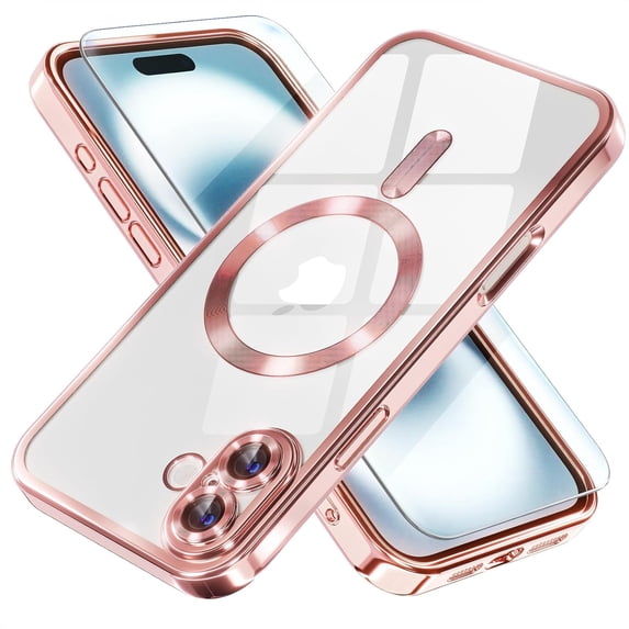 Entronix 2-in-1 Magnetic Shiny Clear Case Compatible with iPhone 16 with Screen Protector, Rose