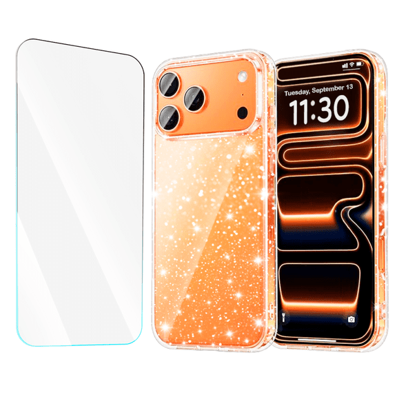 2-in-1 Entronix Bundle designed for iPhone 17 Pro Max, Sparkly Glitter Clear Case and Tempered Glass
