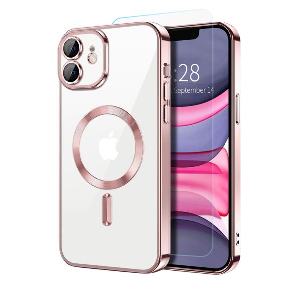 Entronix 2-in-1 Magnetic Shiny Clear Case Compatible with iPhone 11 with Screen Protector, Rose