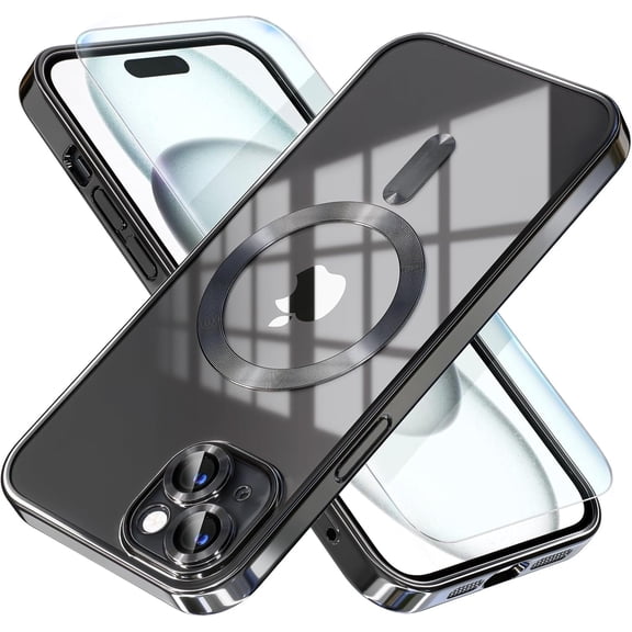 Entronix 2-in-1 Magnetic Shiny Clear Case Compatible with iPhone 14 with Screen Protector, Black