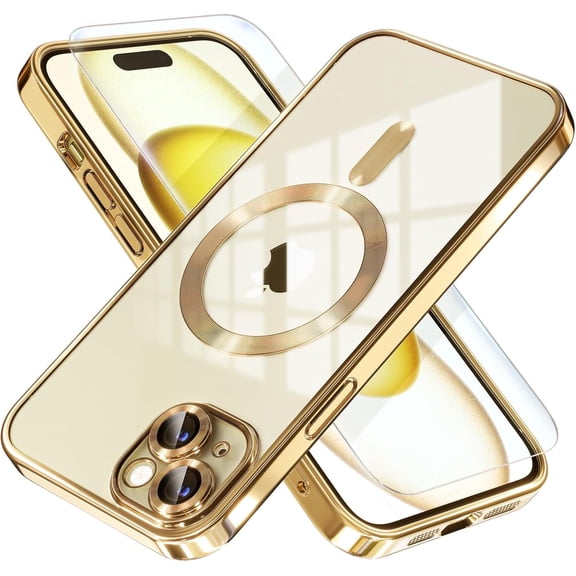 Entronix 2-in-1 Magnetic Shiny Clear Case Compatible with iPhone 14 with Screen Protector, Gold