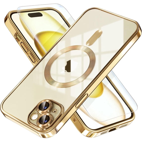 Entronix 2-in-1 Magnetic Shiny Clear Case Compatible with iPhone 14 Plus with Screen Protector, Gold