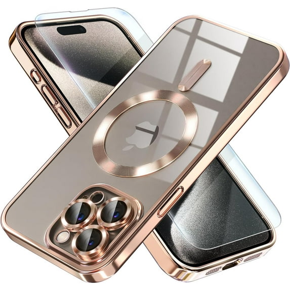 2-in-1 Entronix Bundle for iPhone 14 Pro Max, Magnetic Clear Case 1 Screen Protector, Gold