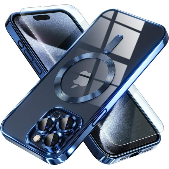 2-in-1 Entronix Bundle for iPhone 14 Pro Max, Magnetic Clear Case 1 Screen Protector, Navy Blue