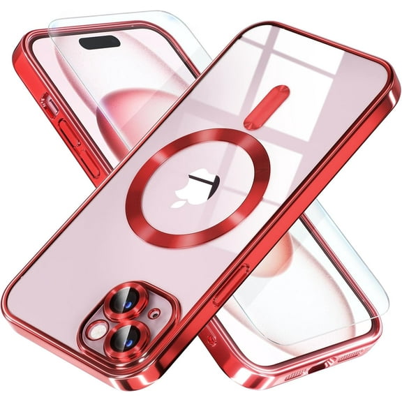 2-in-1 Entronix Bundle for iPhone 15, Magnetic Clear Case 1 Screen Protector, Red