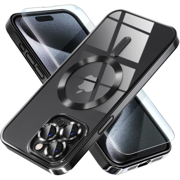 Entronix 2-in-1 Magnetic Shiny Clear Case Compatible with iPhone 15 Pro with Screen Protector, Black