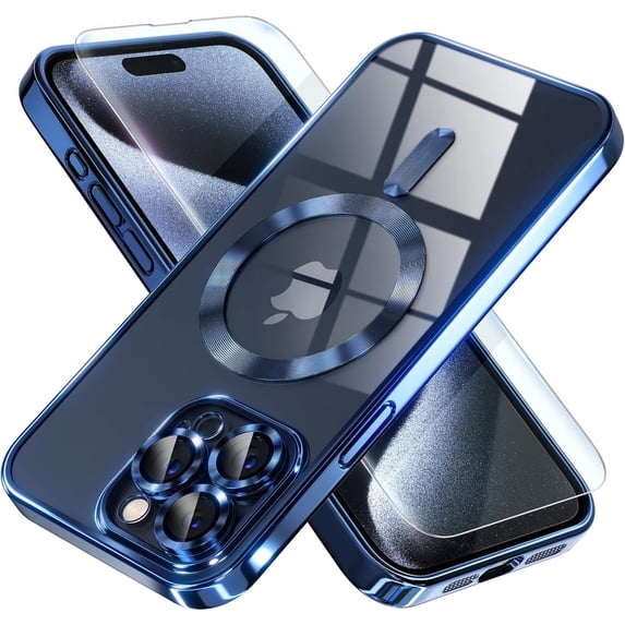 Entronix 2-in-1 Magnetic Clear Case for iPhone 15 Pro Max, with Screen Protector, Navy Blue