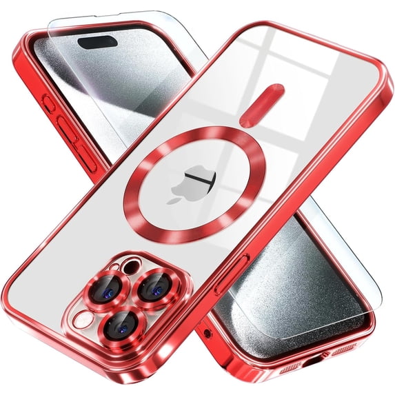 Entronix 2-in-1 Magnetic Clear Case for iPhone 15 Pro Max, with Screen Protector, Red