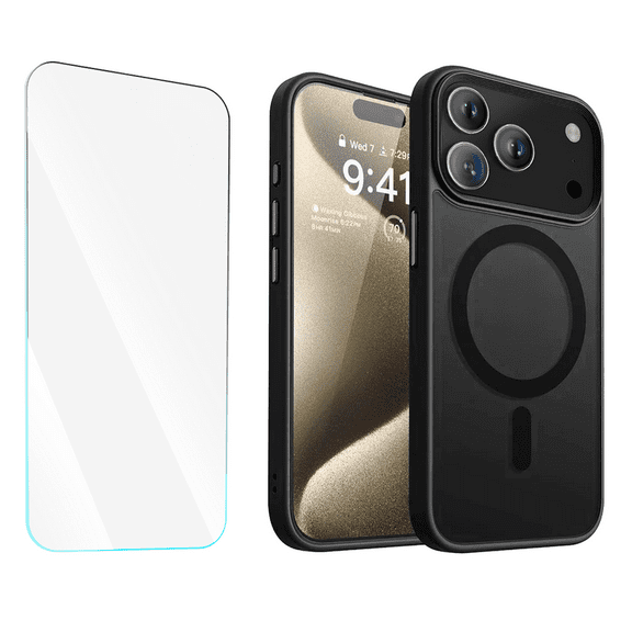 2-in-1 Entronix Bundle for iPhone 17 Pro, Magnetic Sturdy Matte Case 1 Screen Protector, Black