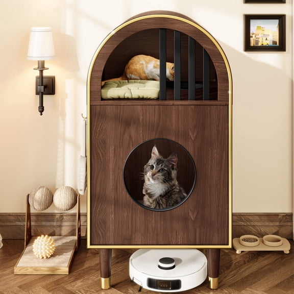 2-in-1 Espresso Cat Litter Box Enclosure & Condo Cat Bed, Two-Level Cozy Haven for 2 Cats