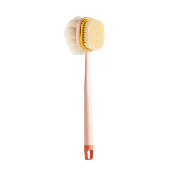 2-in-1 Exfoliating Bath Brush with Bristles & Loofah - Long Handle Back Scrubber for Wet/Dry Use, Non-Slip Grip and Hanging Hole, Ideal Family Shower Tool