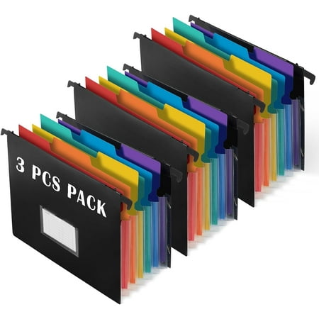 2-in-1 Expanding Hanging File Folders for Filing Cabinet, TRANBO 7 Pockets Extra Capacity Hanging Accordion File Organizer with Retractable Hook, 1/3-Cut Tab, Letter Size for Files Frame - 3 Pack