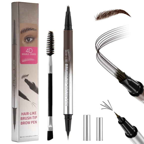 2-in-1 Eyebrow Pencil for Women, 4D Waterproof Microblading Eyebrow Pen with 4-Fork-Tip & Precise Brush-Tip for Natural Hair Like Strokes (Brown)